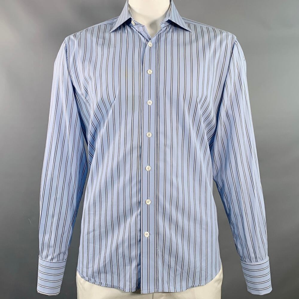 CAFE COTON Size L Blue Navy White Stripe Cotton French Cuffs Long Sleeve Shirt